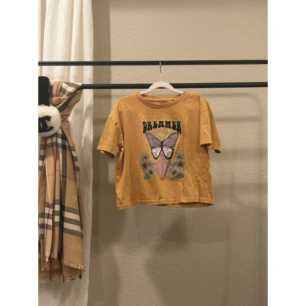 Jessica Simpson Women Mustard Yellow Dreamer Butterfly Graphic Tee Shirt L